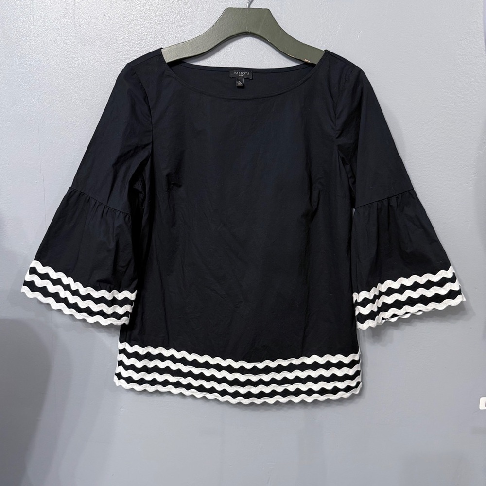 Talbots Black Cotton Top Bell Sleeve White Rickrack Trim Petite Small Boat Neck